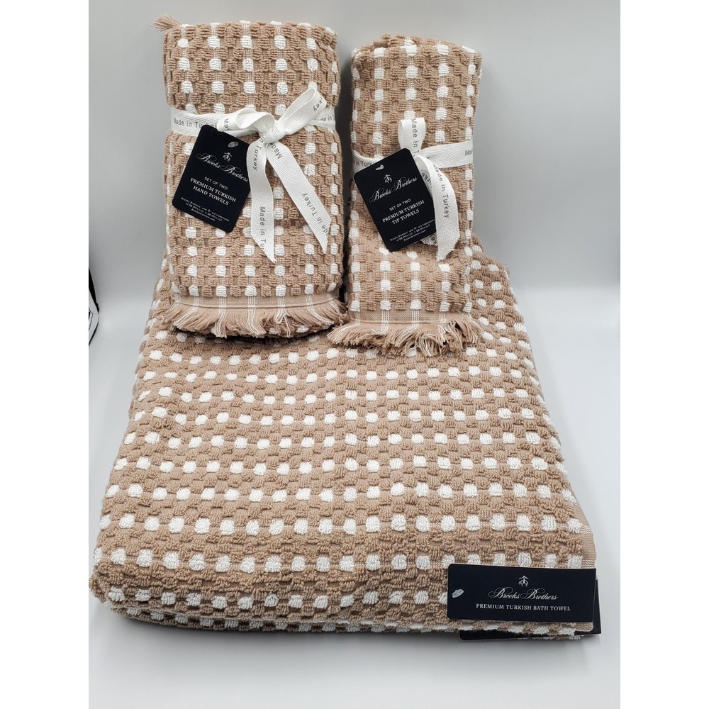 Brooks Brothers 6pc Premium Turkish Cotton Towel Set Tan‎ White Textured Fringed